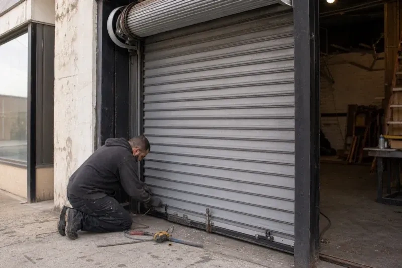 Person kneeling beside the bottom of a metal rolling door with tools on the ground — Commercial Rolling Door Repair, Orillia