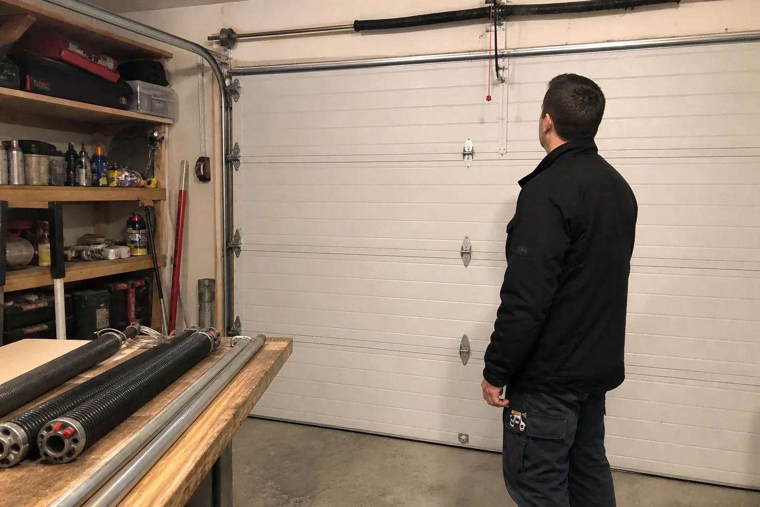Illustrative garage doors scene; not an actual job — Extension Spring Replacement, Orillia