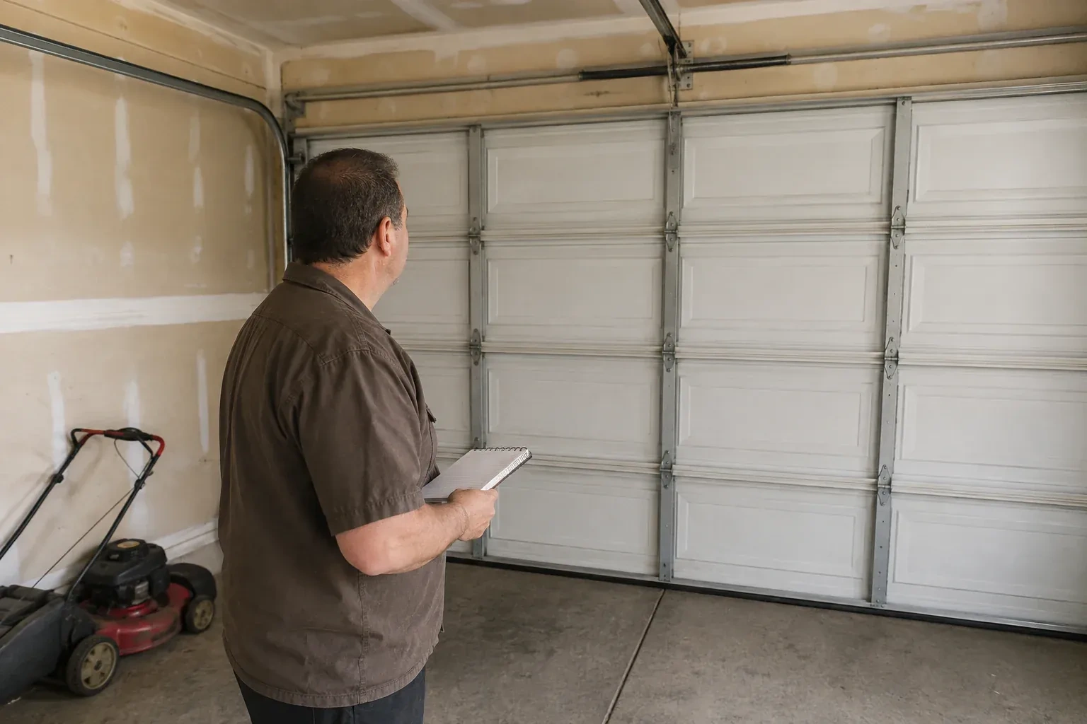 Technician holding a notebook while looking at a closed sectional door. — Garage Door Balance Adjustment, Orillia