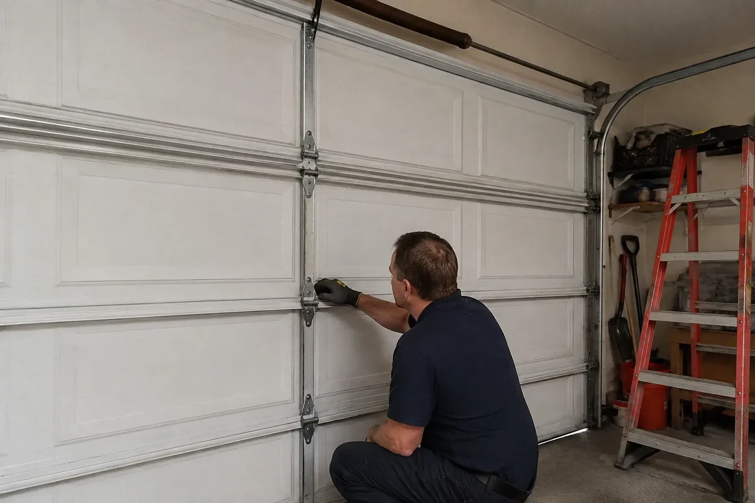 A person examines a central hinge joining two sections of a closed garage door. — Garage Door Hinge Replacement, Orillia