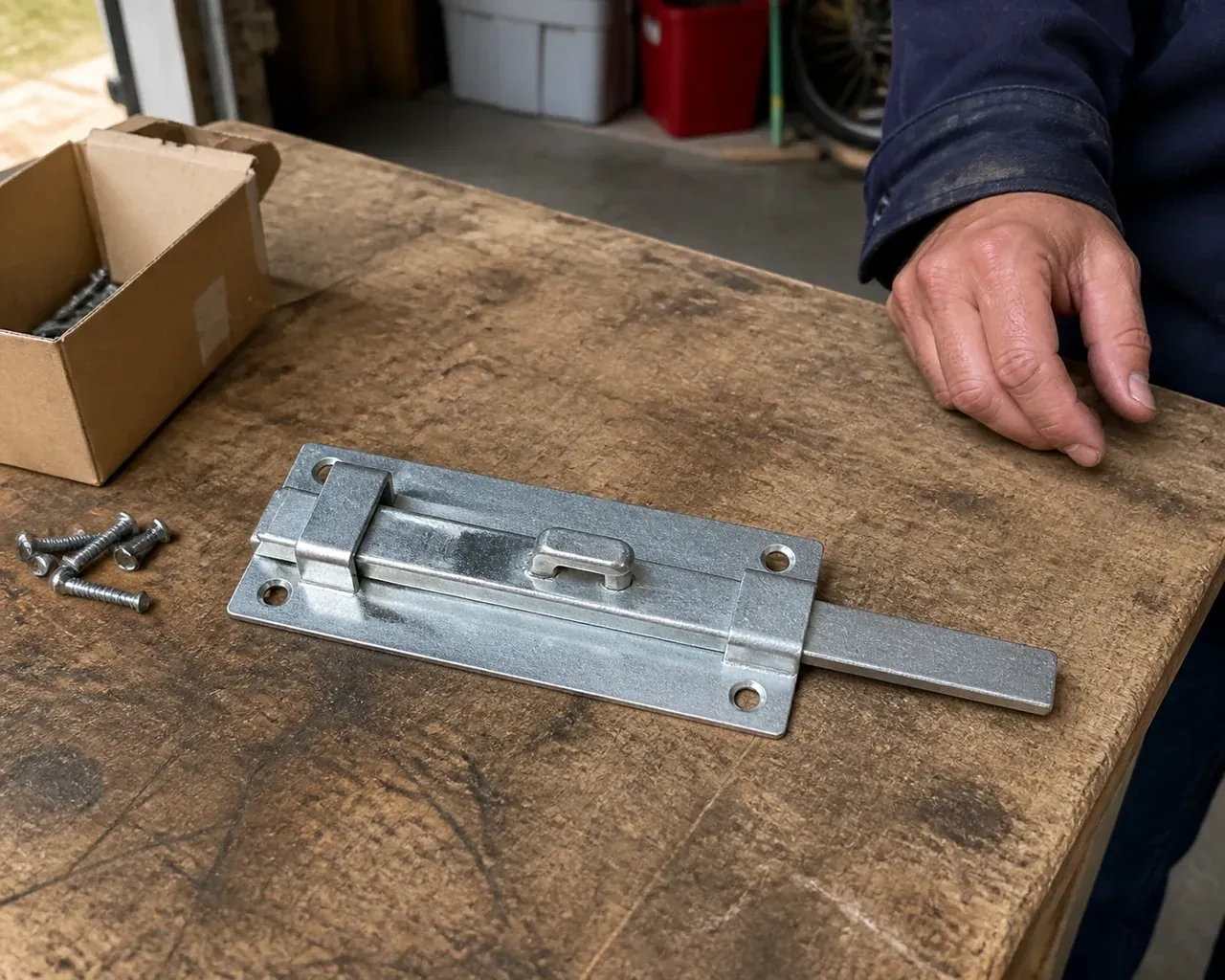 A detached metal slide bolt with mounting holes and retaining guides rests beside screws on a workbench. — Garage Door Manual Lock Repair, Orillia
