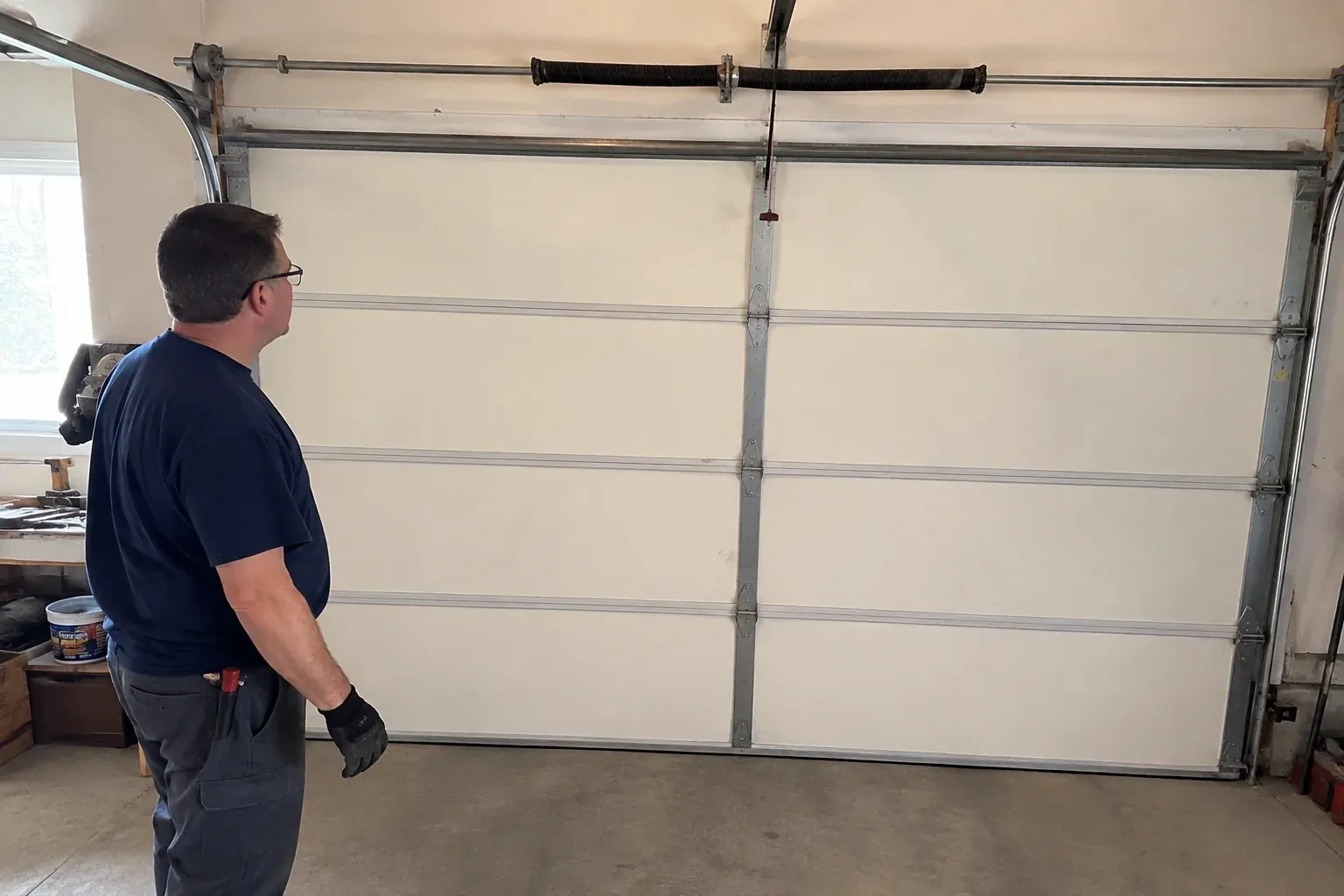 Illustrative garage doors scene; not an actual job — Off-Track Garage Door Reset, Orillia