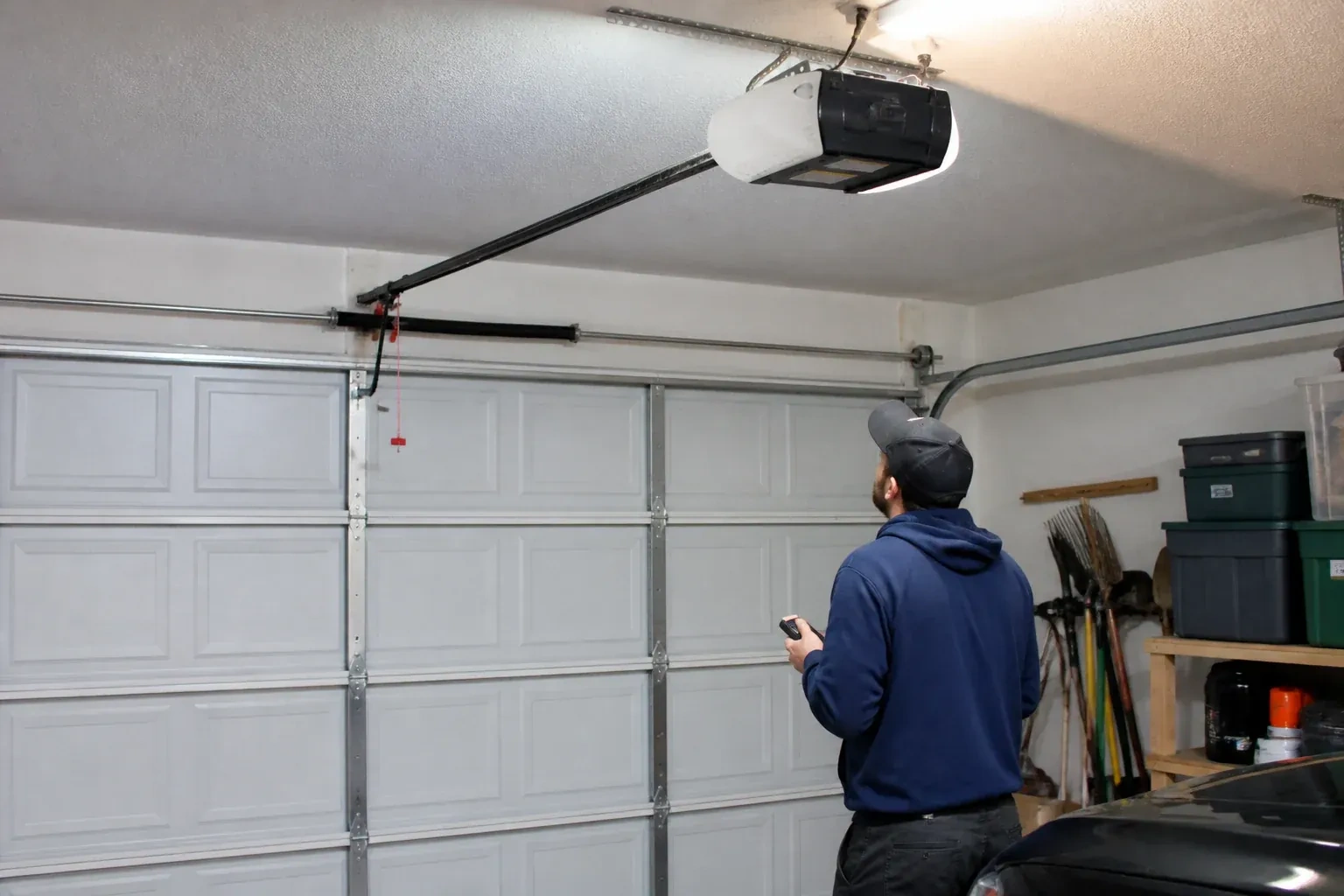 A person holding a remote looks toward an overhead garage-door opener and rail. — Garage Door Opener Diagnosis and Repair, Orillia