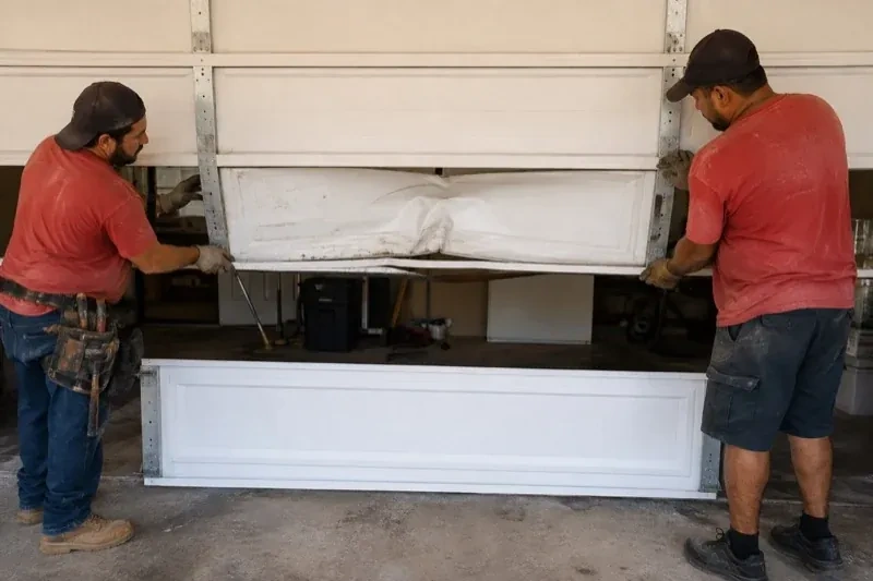 Two people holding a dented lower garage-door section above a separate white panel resting on the ground. — Garage Door Panel Replacement, Orillia