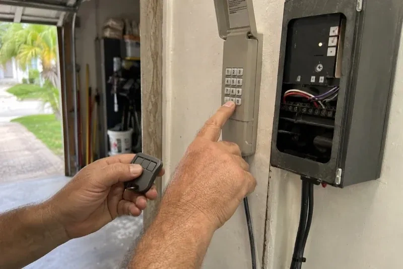 Hands holding a small remote and pressing a wall-mounted keypad beside an open control box with visible wiring. — Garage Door Remote and Keypad Programming, Orillia