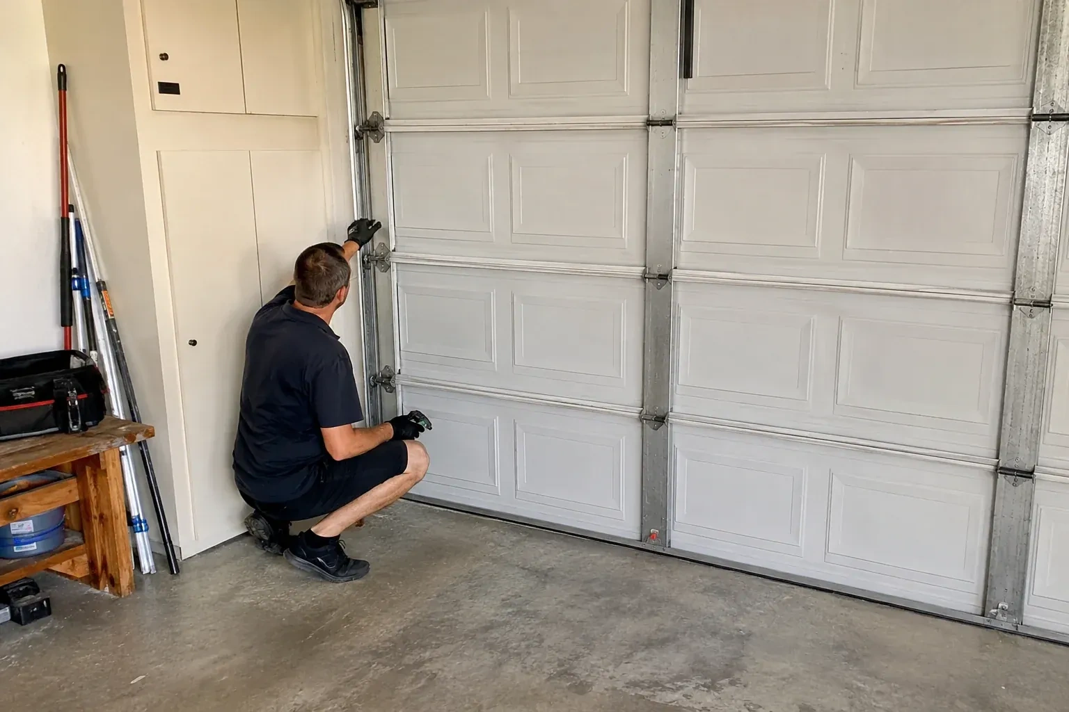 A person kneels beside the side track and hinges of a closed sectional garage door. — Garage Door Safety Inspection, Orillia