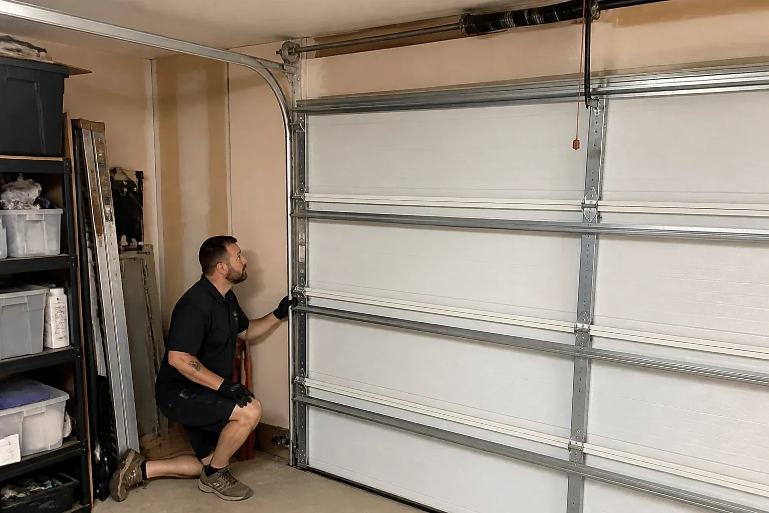 A person examines the vertical side track of a closed garage door. — Garage Door Track Repair or Replacement, Orillia
