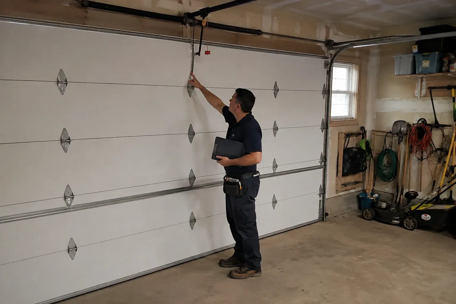 A person holding a clipboard examines the interior hardware of a closed garage door. — Garage Door Tune-Up, Orillia