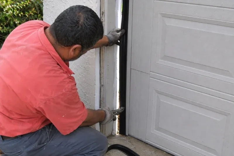 Gloved person holding a black strip along the side of a sectional garage-door opening — Garage Door Perimeter Weatherstrip, Orillia