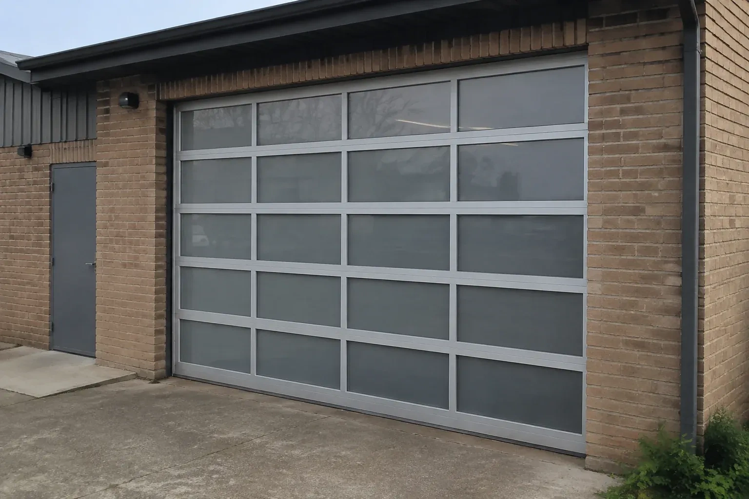 Closed glazed sectional door in a grey metal frame at a brick workshop. — Full-View Glass Garage Door Installation, Orillia