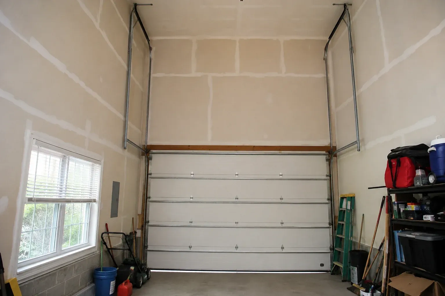 Tall garage interior with a sectional door and tracks extending into overhead space. — High-Lift Garage Door Conversion, Orillia