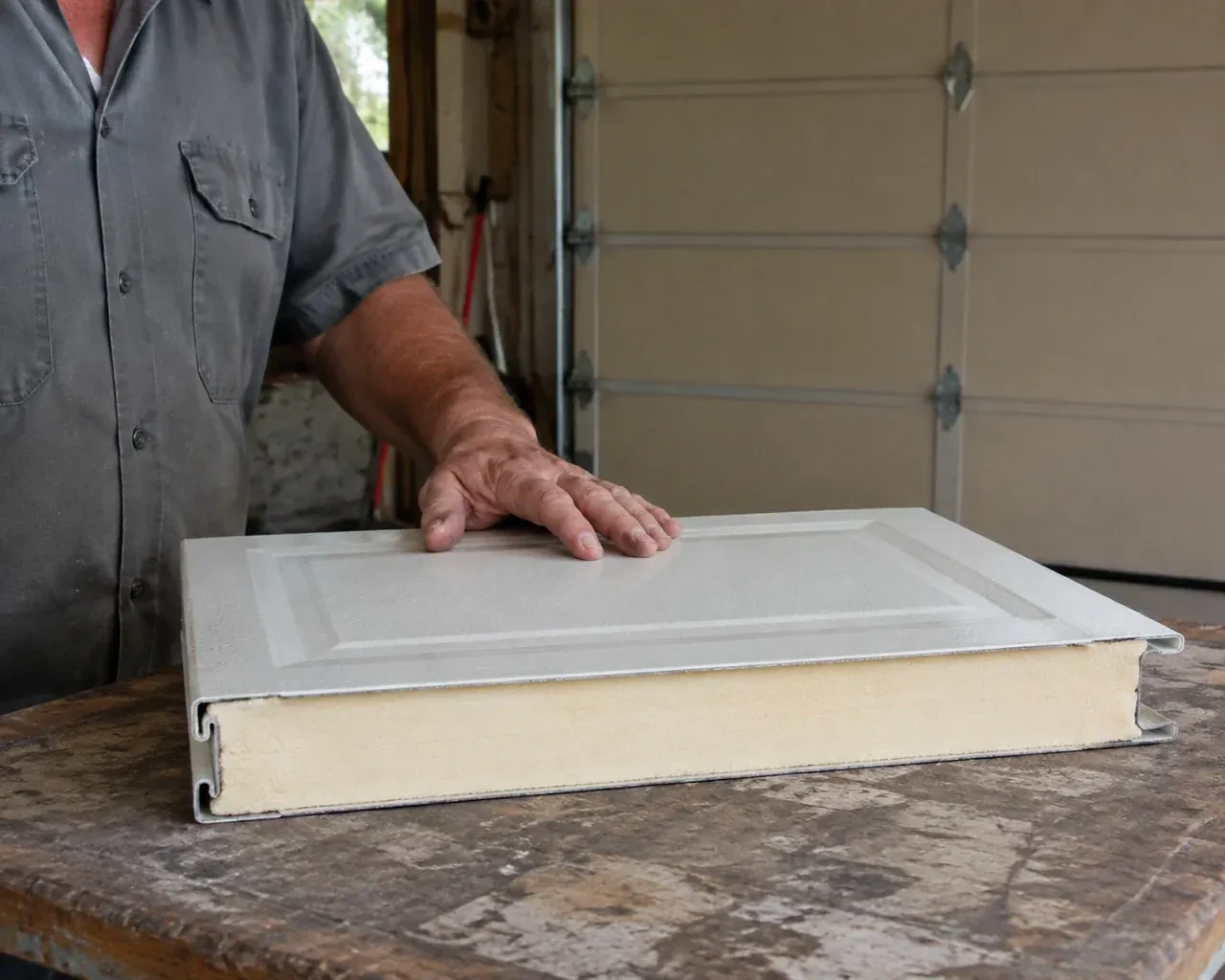 A panel sample exposes a cream foam core between thin metal faces on a garage workbench. — Insulated Steel Garage Door Installation, Orillia