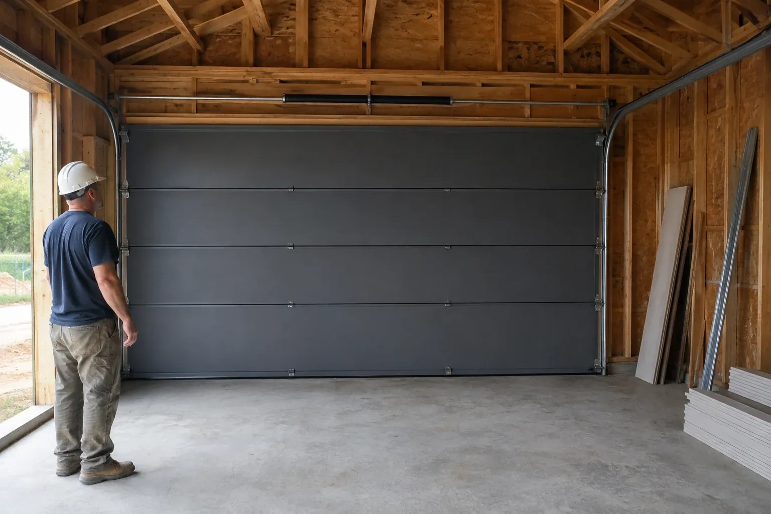 A person wearing a hard hat stands beside a dark sectional door in an unfinished timber-framed garage. — New-Construction Garage Door Installation, Orillia