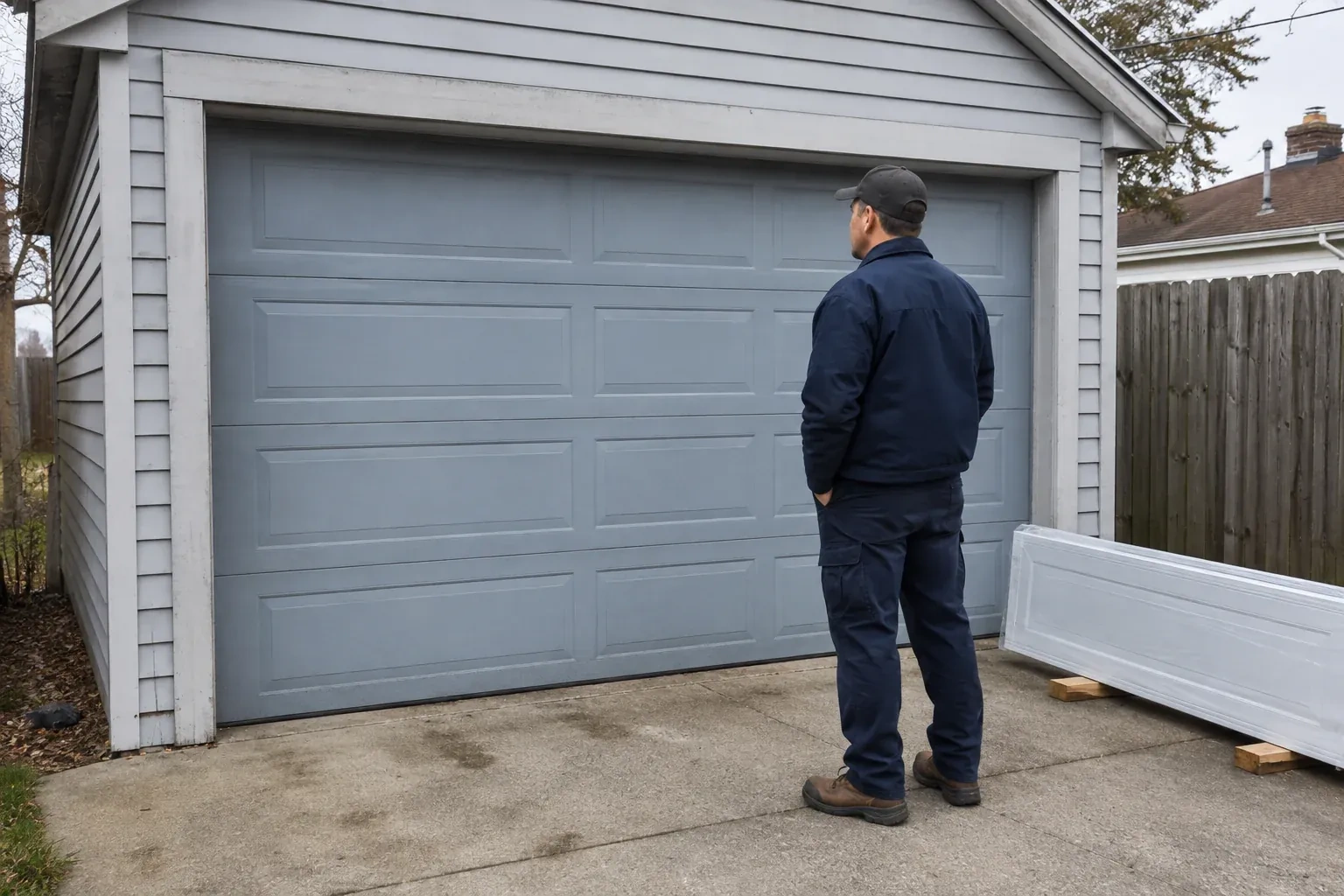 A person examines a blue-grey sectional garage door with a packaged door panel resting beside the driveway. — Sectional Garage Door Replacement, Orillia