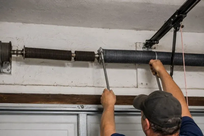 Person holding metal bars beside exposed coiled springs above a garage door. — Torsion Spring Replacement, Orillia